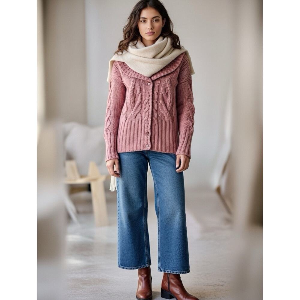 Ann Taylor LOFT Dusty Pink Cable Knit Cardigan Sweater S Alpaca Wool Winter Cozy